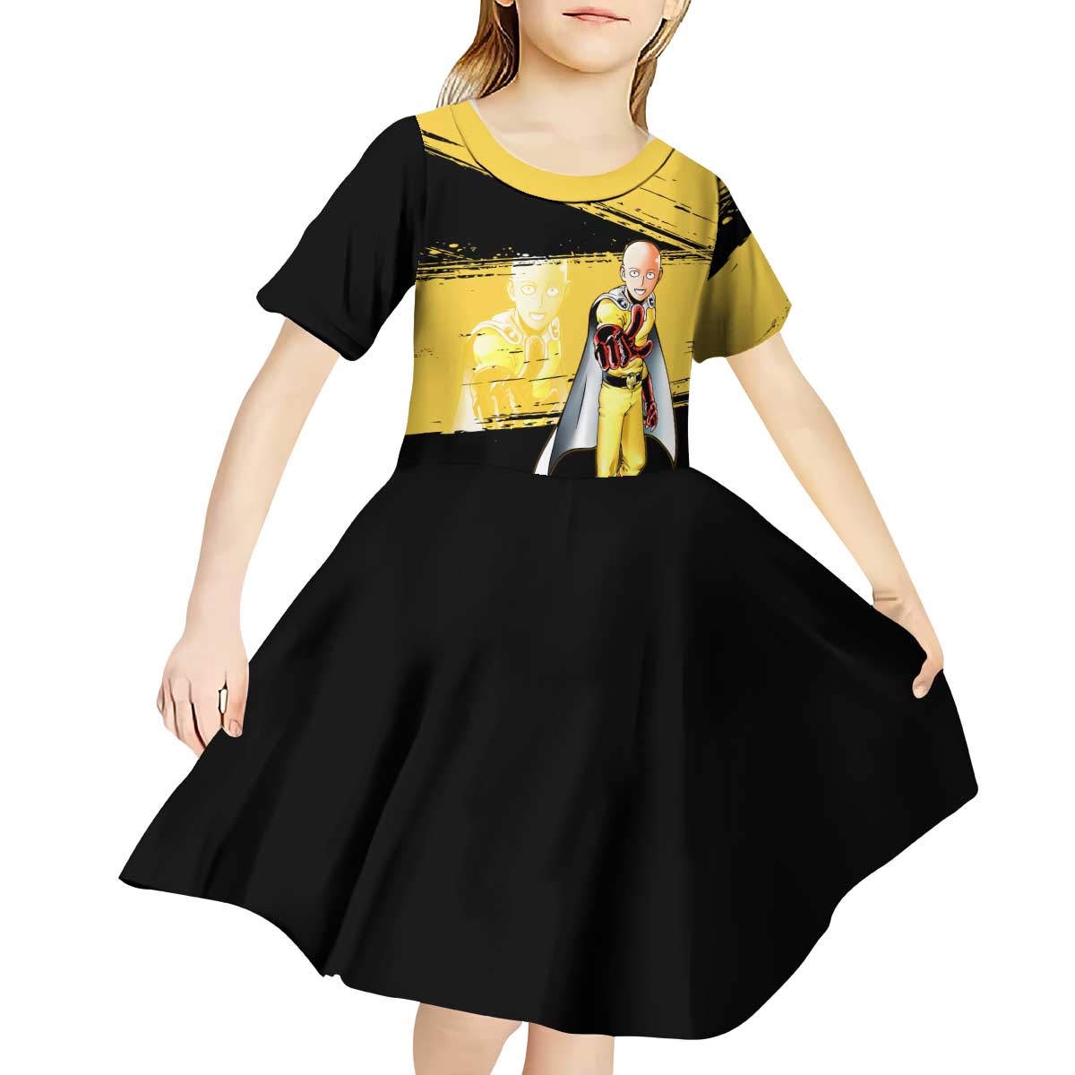 Saitama One Punch Man Anime Yellow and Black Theme Kid Short Sleeve Dress with Heroic Pose and Dynamic Brushstroke Background - The Mazicc