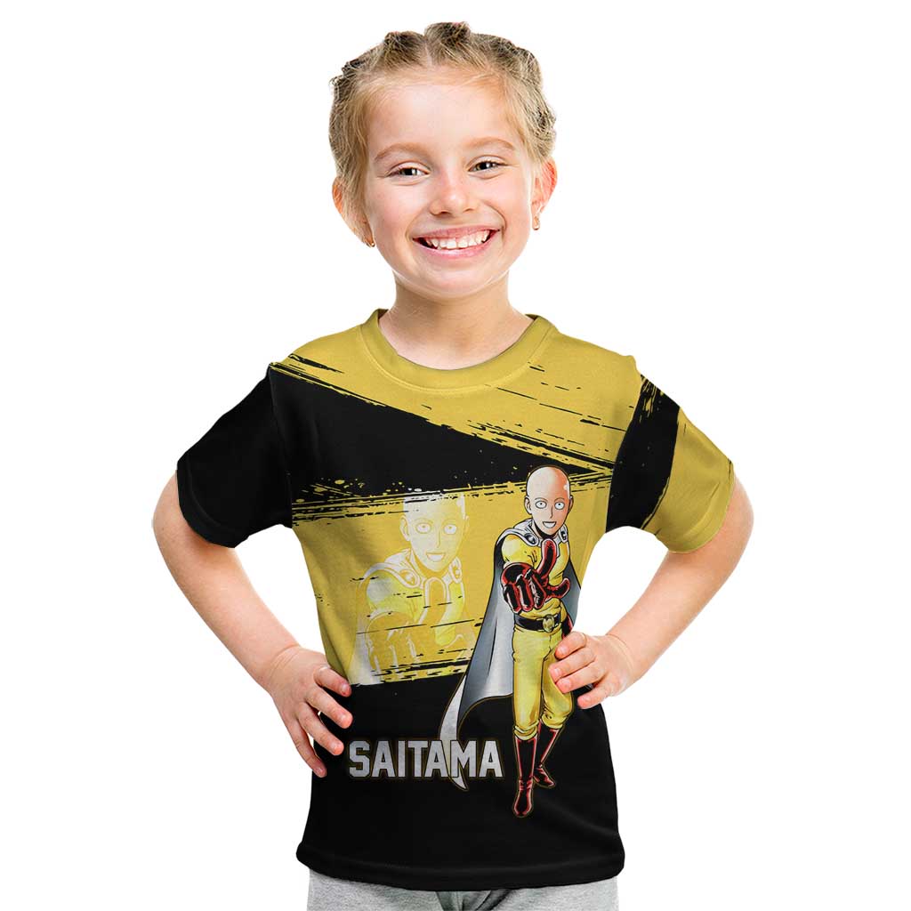 Saitama One Punch Man Anime Yellow and Black Theme Kid T Shirt with Heroic Pose and Dynamic Brushstroke Background - The Mazicc