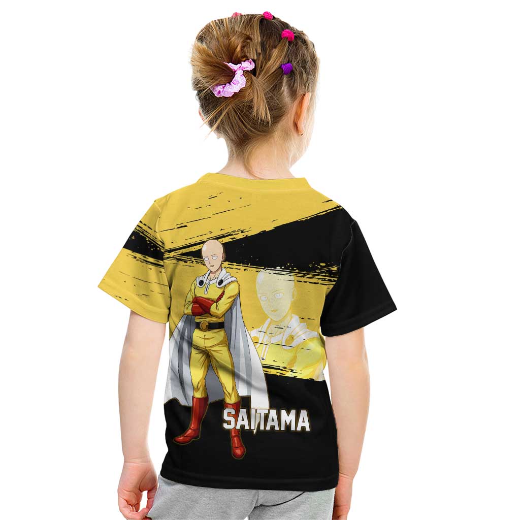 Saitama One Punch Man Anime Yellow and Black Theme Kid T Shirt with Heroic Pose and Dynamic Brushstroke Background - The Mazicc