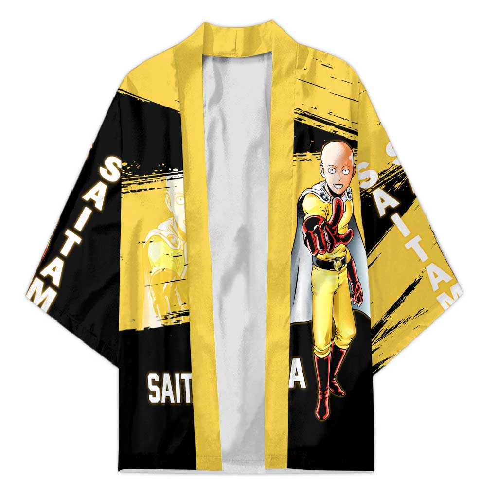 Saitama One Punch Man Anime Yellow and Black Theme Kimono with Heroic Pose and Dynamic Brushstroke Background - The Mazicc