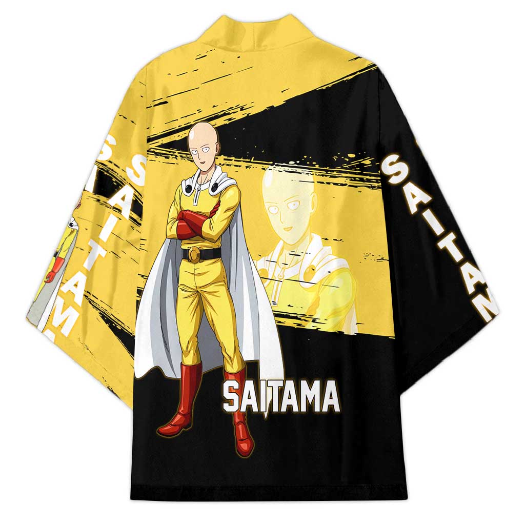 Saitama One Punch Man Anime Yellow and Black Theme Kimono with Heroic Pose and Dynamic Brushstroke Background - The Mazicc