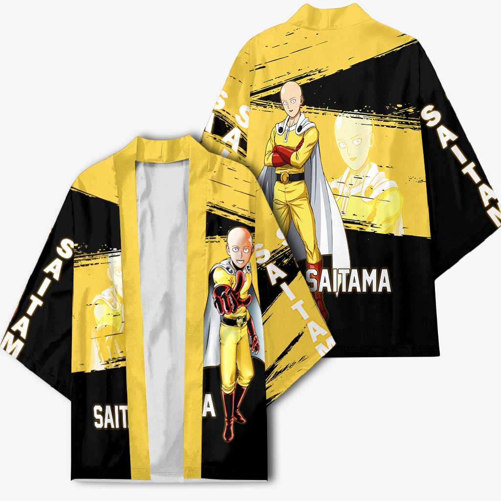 Saitama One Punch Man Anime Yellow and Black Theme Kimono with Heroic Pose and Dynamic Brushstroke Background - The Mazicc