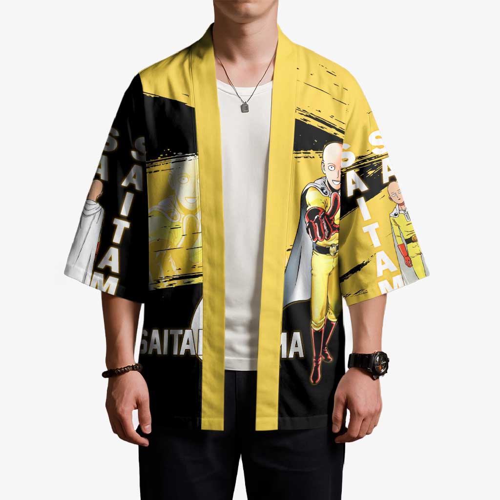 Saitama One Punch Man Anime Yellow and Black Theme Kimono with Heroic Pose and Dynamic Brushstroke Background - The Mazicc