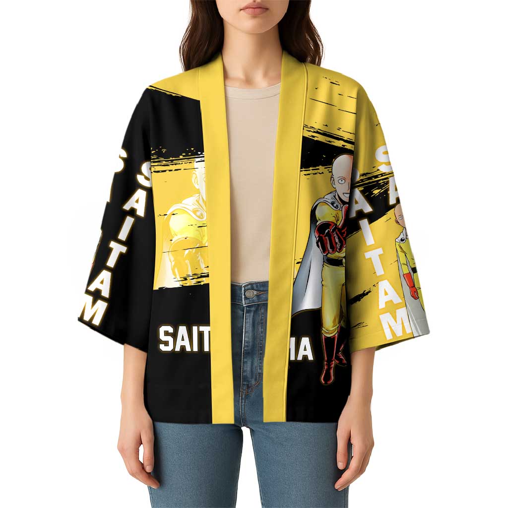 Saitama One Punch Man Anime Yellow and Black Theme Kimono with Heroic Pose and Dynamic Brushstroke Background - The Mazicc