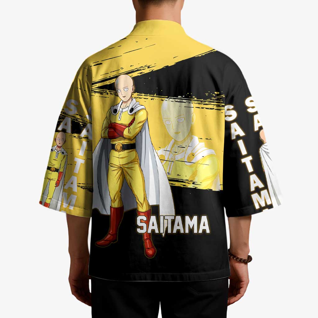 Saitama One Punch Man Anime Yellow and Black Theme Kimono with Heroic Pose and Dynamic Brushstroke Background - The Mazicc
