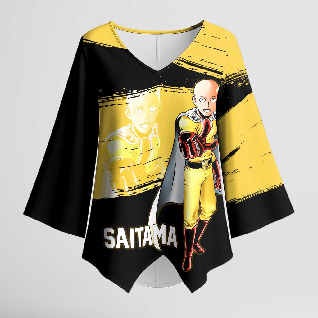 Saitama One Punch Man Anime Yellow and Black Theme Kimono Sleeve Blouse with Heroic Pose and Dynamic Brushstroke Background - The Mazicc