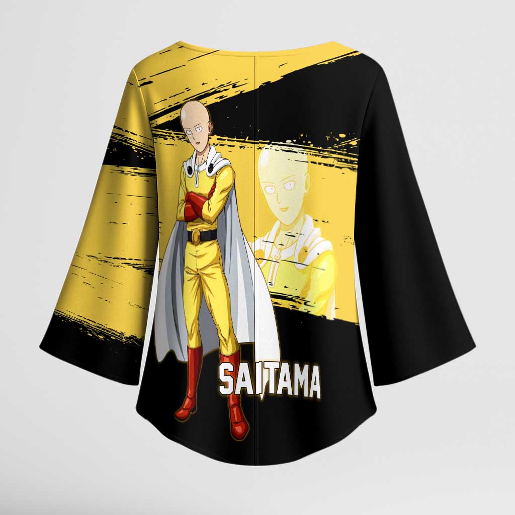 Saitama One Punch Man Anime Yellow and Black Theme Kimono Sleeve Blouse with Heroic Pose and Dynamic Brushstroke Background - The Mazicc