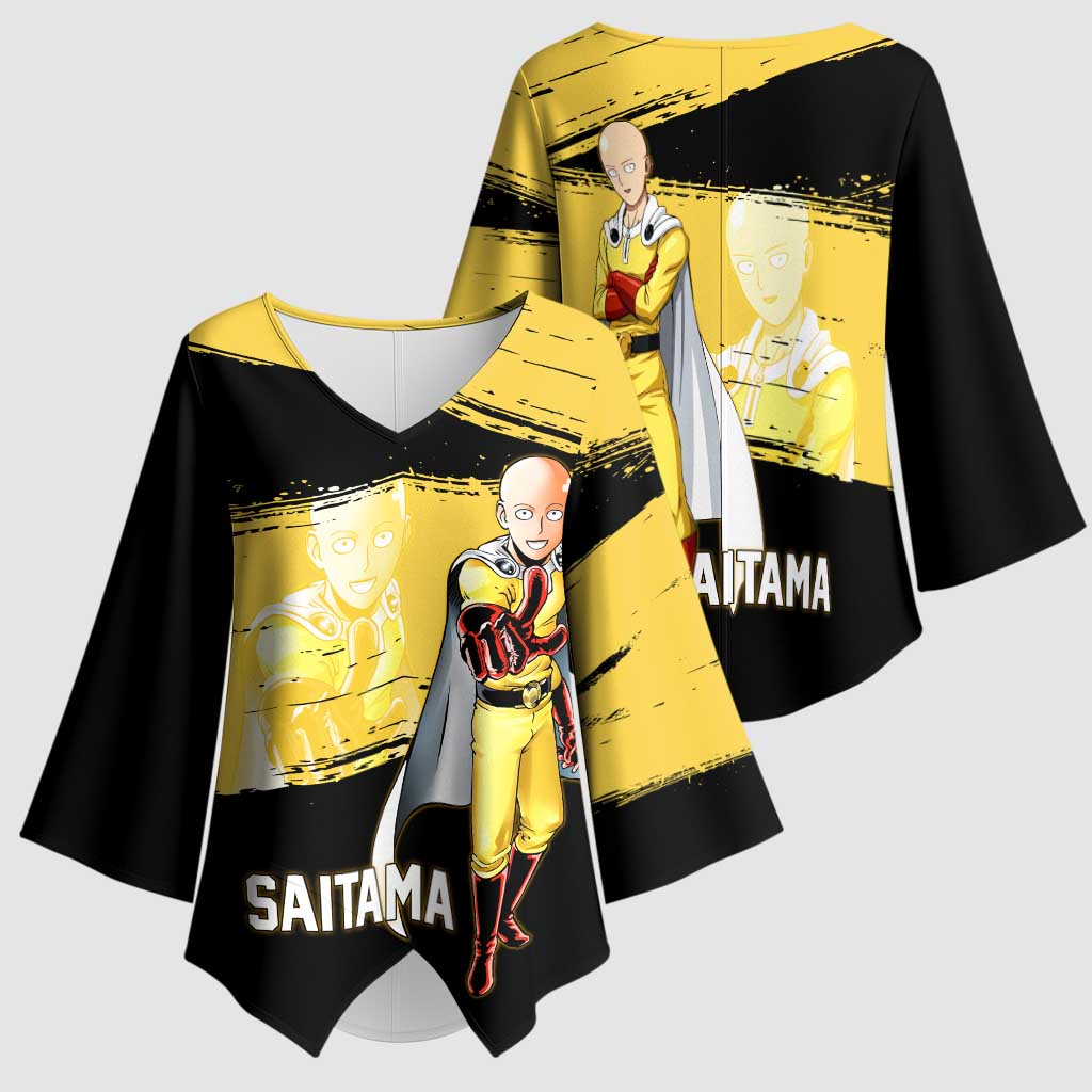 Saitama One Punch Man Anime Yellow and Black Theme Kimono Sleeve Blouse with Heroic Pose and Dynamic Brushstroke Background - The Mazicc