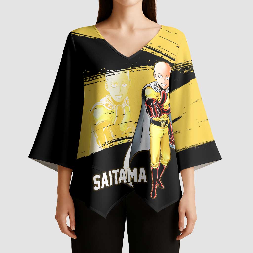 Saitama One Punch Man Anime Yellow and Black Theme Kimono Sleeve Blouse with Heroic Pose and Dynamic Brushstroke Background - The Mazicc