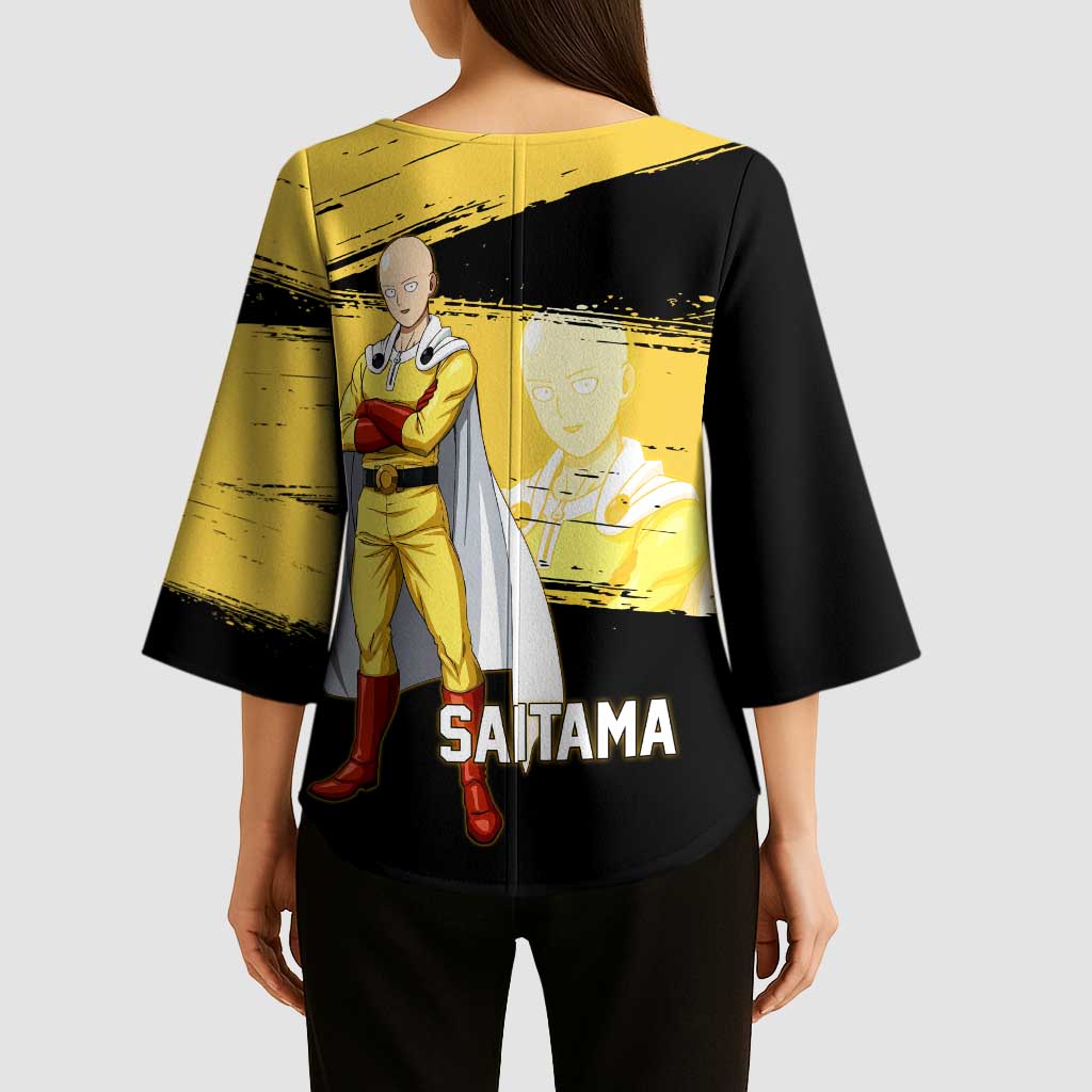 Saitama One Punch Man Anime Yellow and Black Theme Kimono Sleeve Blouse with Heroic Pose and Dynamic Brushstroke Background - The Mazicc
