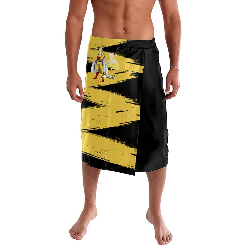 Saitama One Punch Man Anime Yellow and Black Theme Lavalava with Heroic Pose and Dynamic Brushstroke Background - The Mazicc