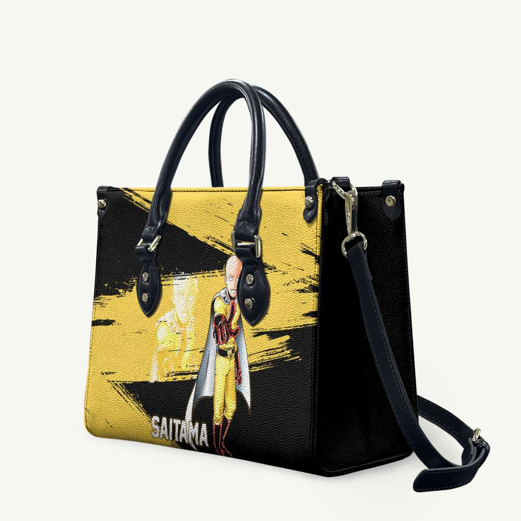 Saitama One Punch Man Anime Yellow and Black Theme Leather Bag with Heroic Pose and Dynamic Brushstroke Background - The Mazicc