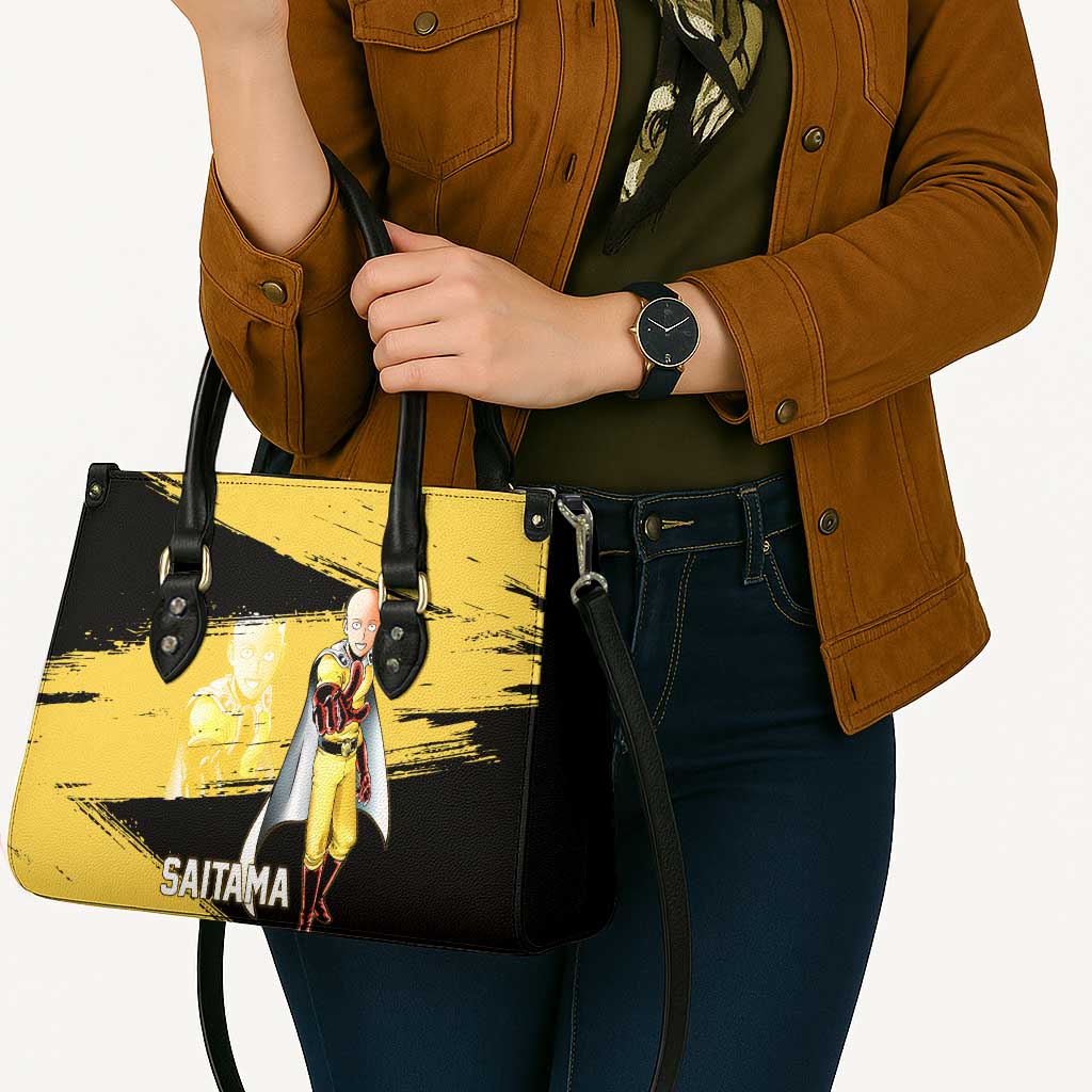 Saitama One Punch Man Anime Yellow and Black Theme Leather Bag with Heroic Pose and Dynamic Brushstroke Background - The Mazicc