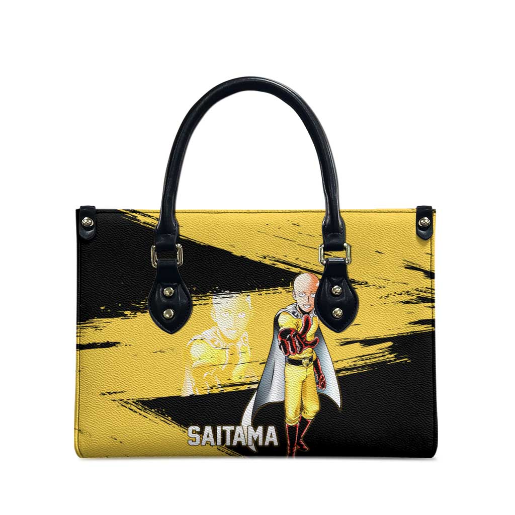 Saitama One Punch Man Anime Yellow and Black Theme Leather Bag with Heroic Pose and Dynamic Brushstroke Background - The Mazicc