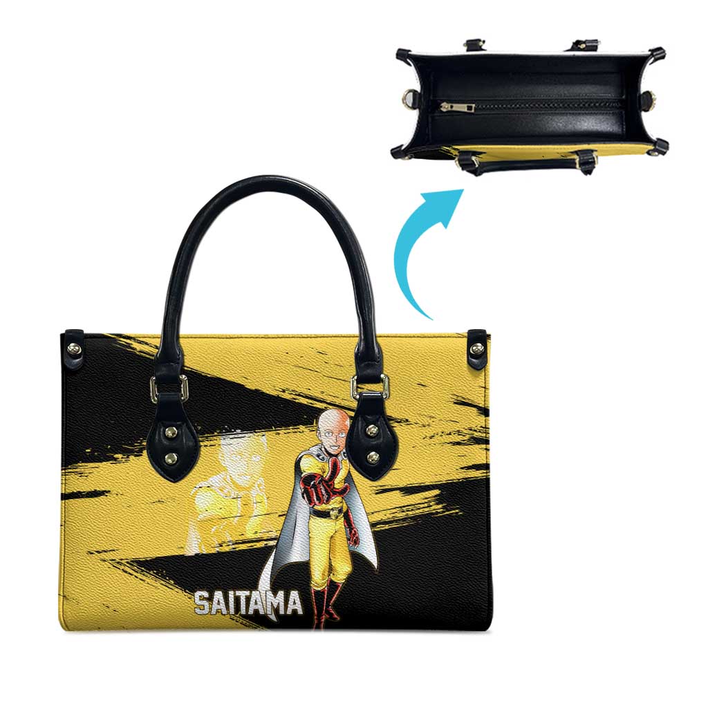 Saitama One Punch Man Anime Yellow and Black Theme Leather Bag with Heroic Pose and Dynamic Brushstroke Background - The Mazicc