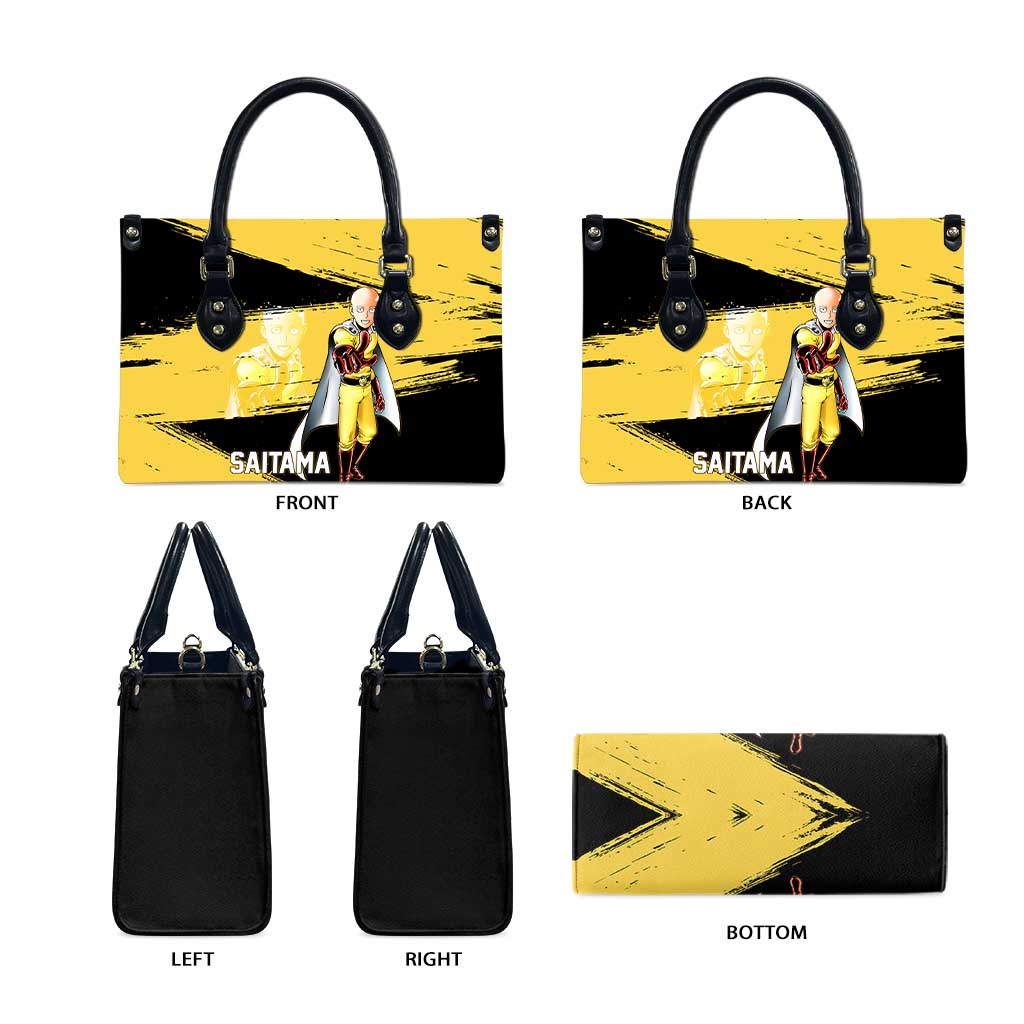 Saitama One Punch Man Anime Yellow and Black Theme Leather Bag with Heroic Pose and Dynamic Brushstroke Background - The Mazicc