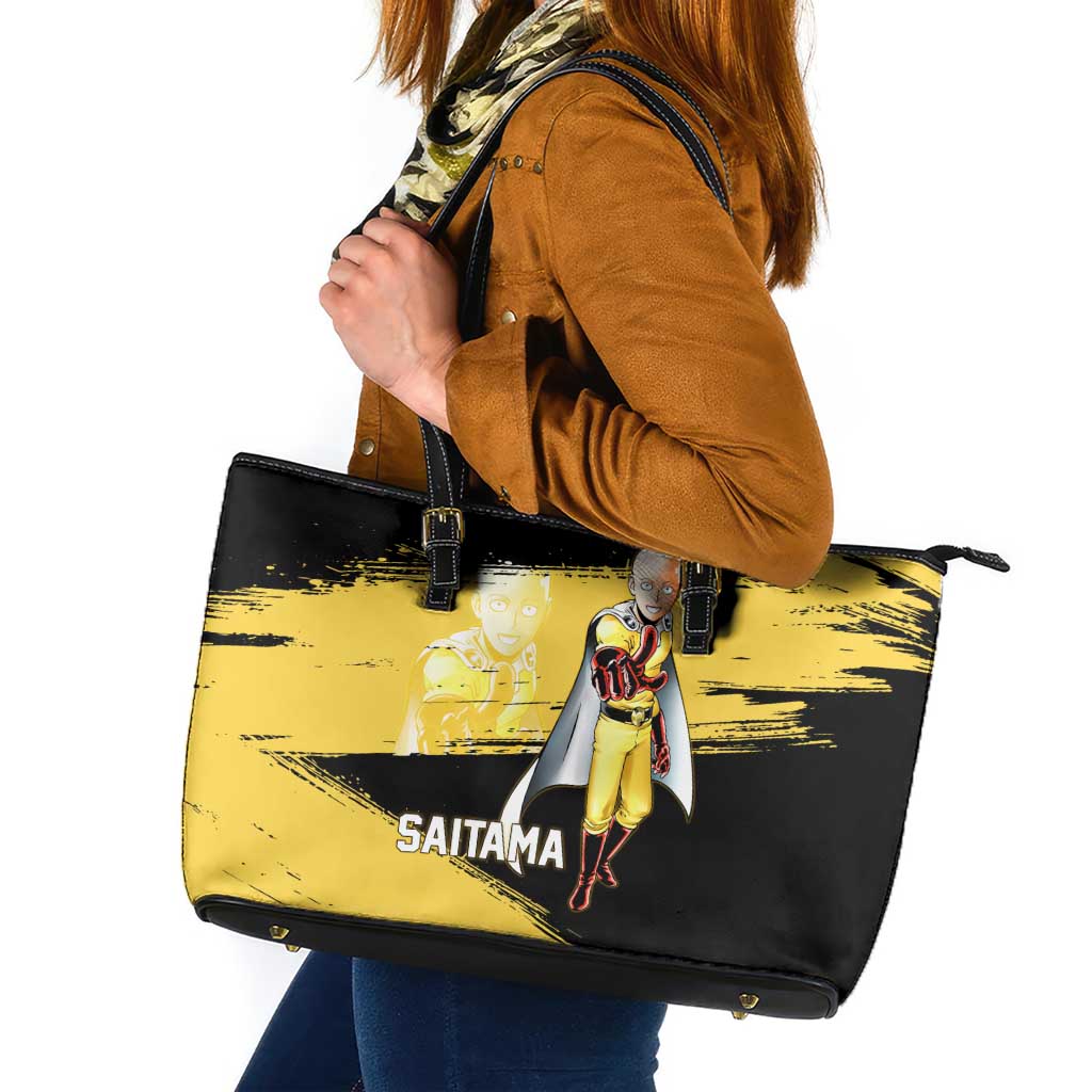 Saitama One Punch Man Anime Yellow and Black Theme Leather Tote Bag with Heroic Pose and Dynamic Brushstroke Background - The Mazicc