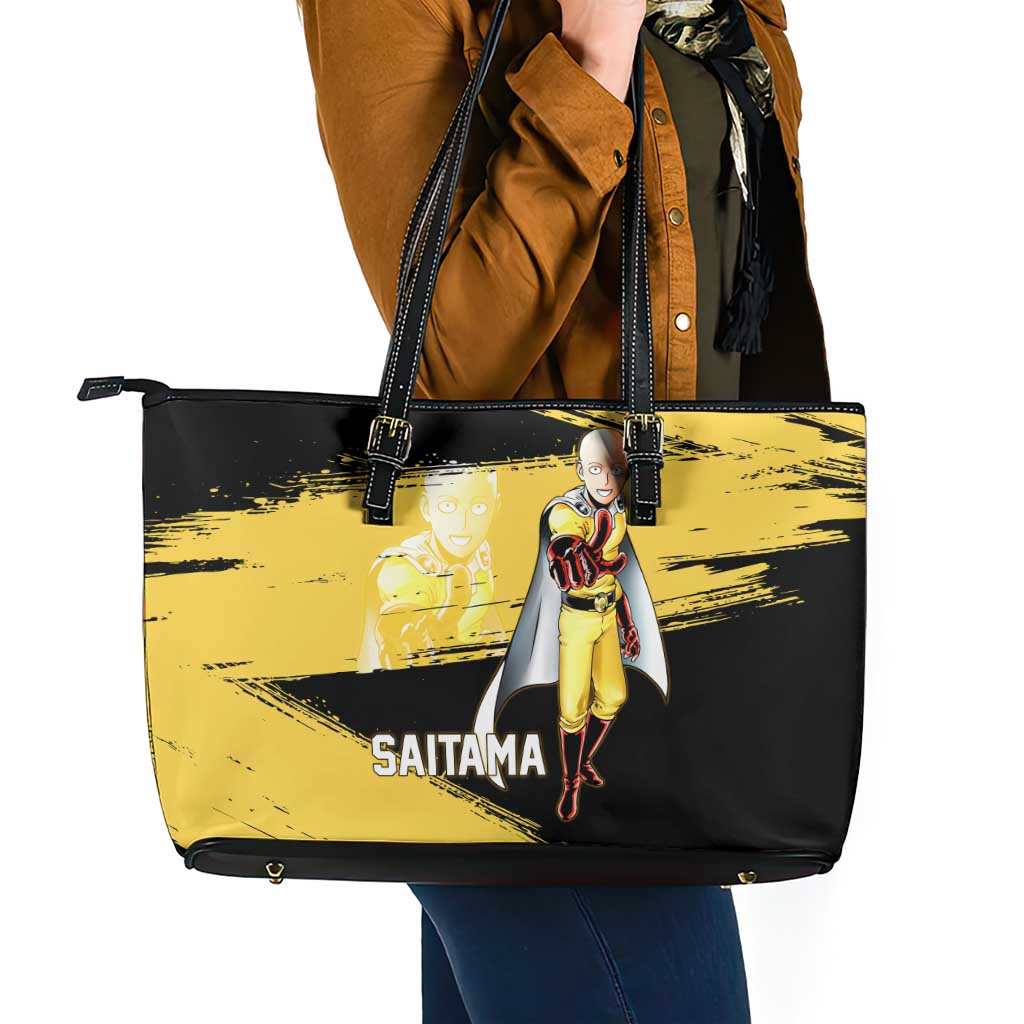 Saitama One Punch Man Anime Yellow and Black Theme Leather Tote Bag with Heroic Pose and Dynamic Brushstroke Background - The Mazicc