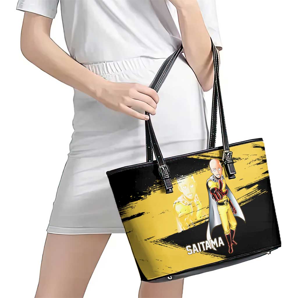 Saitama One Punch Man Anime Yellow and Black Theme Leather Tote Bag with Heroic Pose and Dynamic Brushstroke Background - The Mazicc