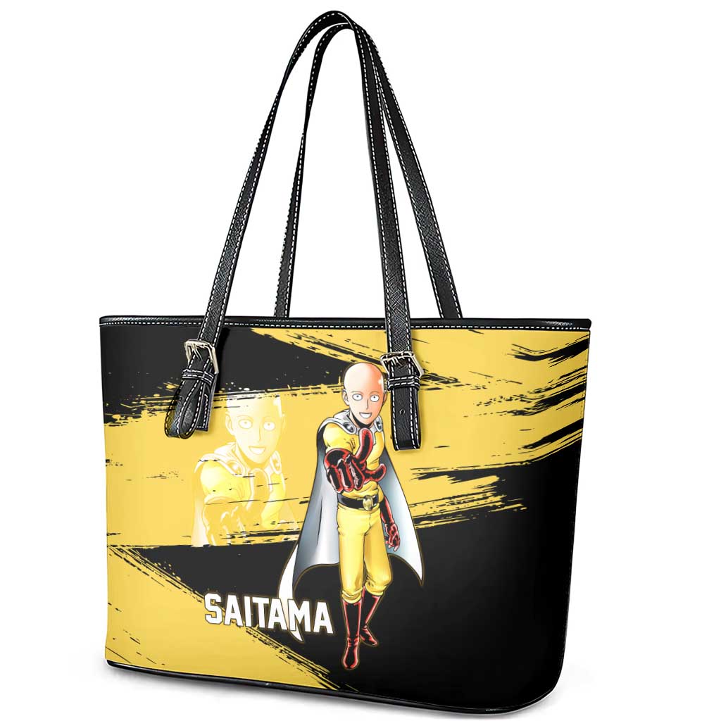 Saitama One Punch Man Anime Yellow and Black Theme Leather Tote Bag with Heroic Pose and Dynamic Brushstroke Background - The Mazicc