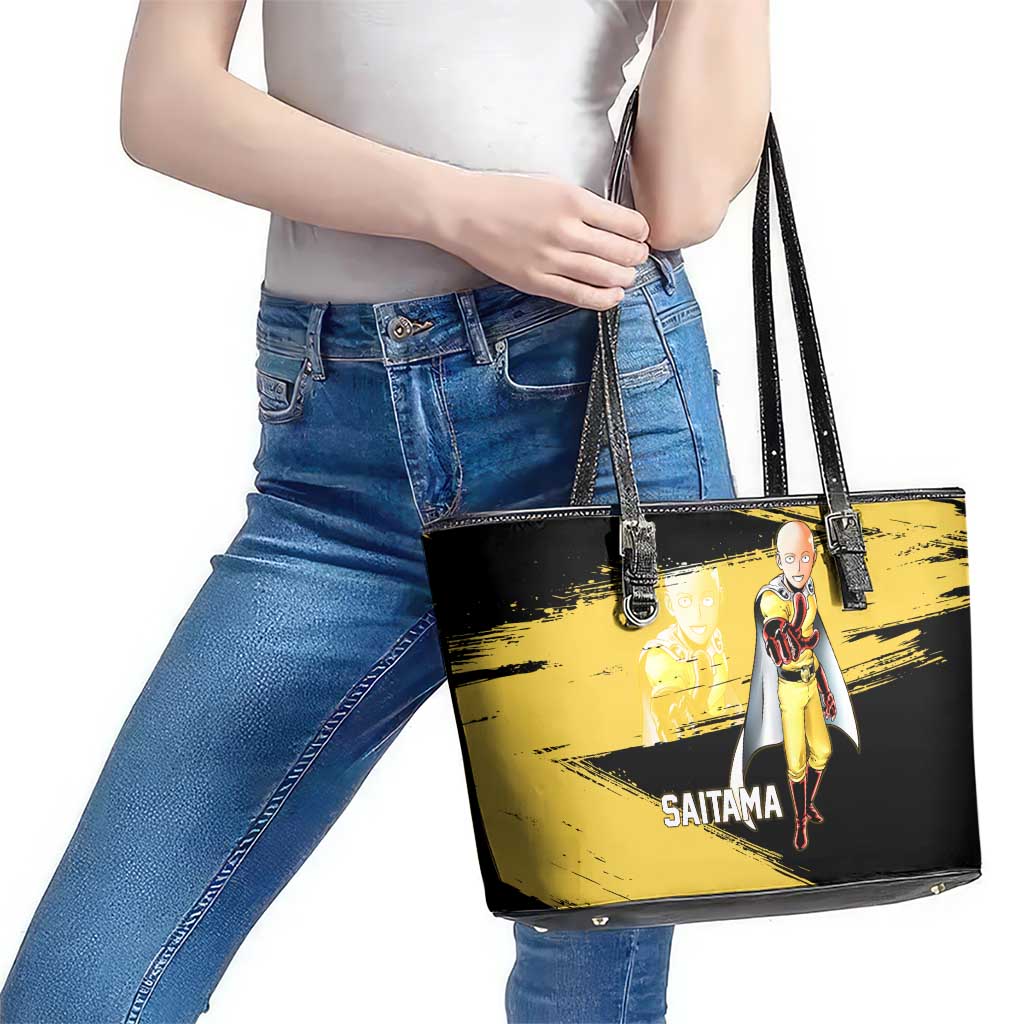 Saitama One Punch Man Anime Yellow and Black Theme Leather Tote Bag with Heroic Pose and Dynamic Brushstroke Background - The Mazicc