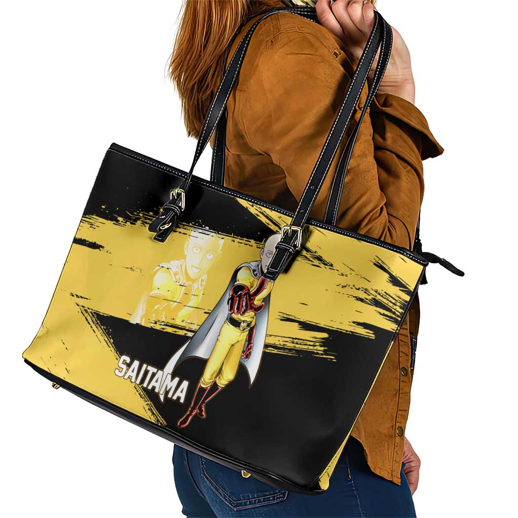 Saitama One Punch Man Anime Yellow and Black Theme Leather Tote Bag with Heroic Pose and Dynamic Brushstroke Background - The Mazicc