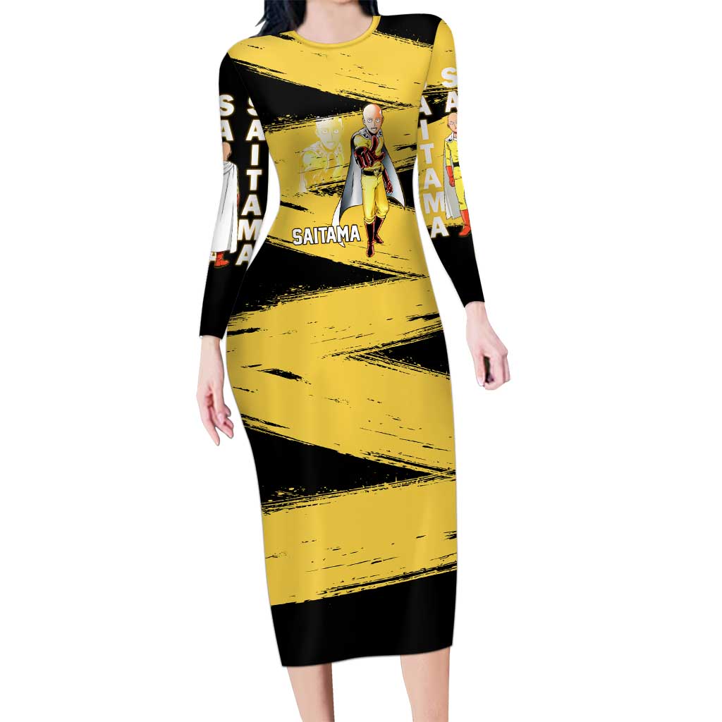 Saitama One Punch Man Anime Yellow and Black Theme Long Sleeve Bodycon Dress with Heroic Pose and Dynamic Brushstroke Background - The Mazicc
