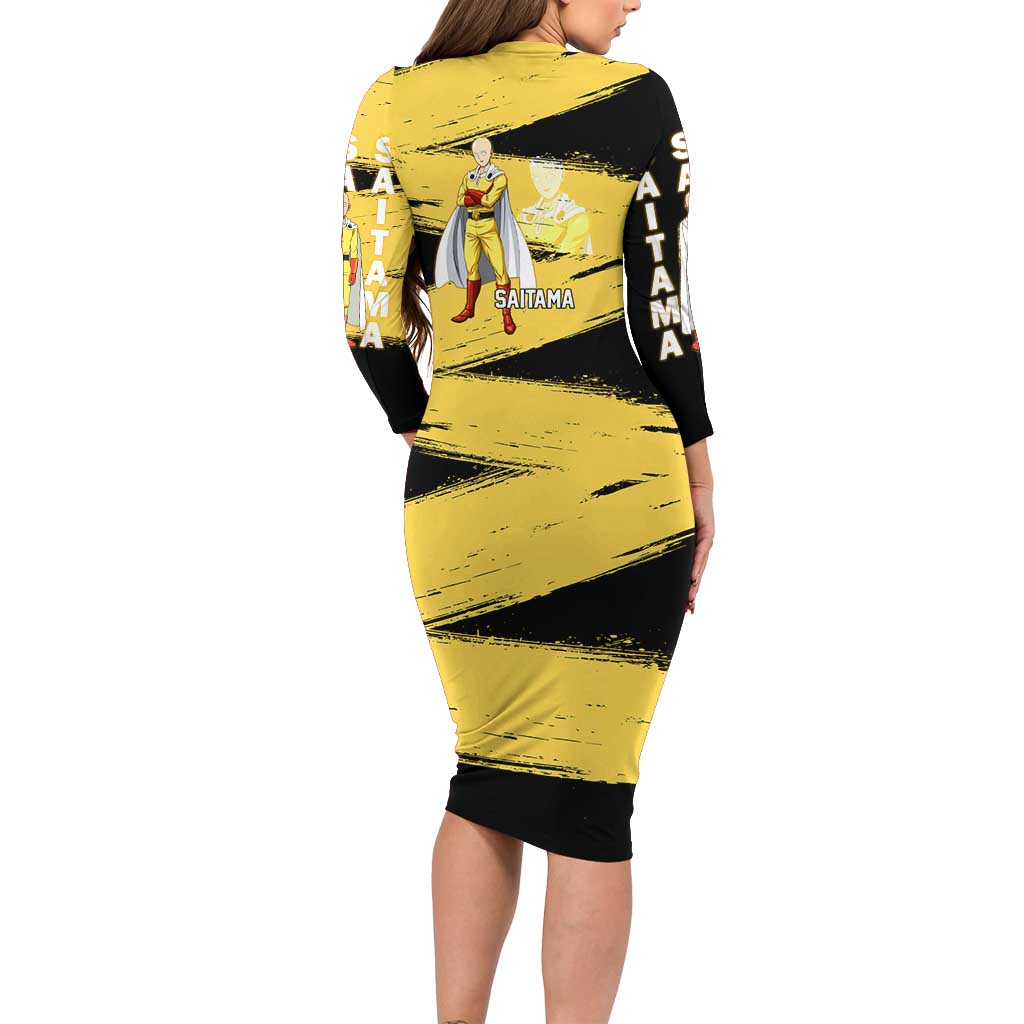 Saitama One Punch Man Anime Yellow and Black Theme Long Sleeve Bodycon Dress with Heroic Pose and Dynamic Brushstroke Background - The Mazicc