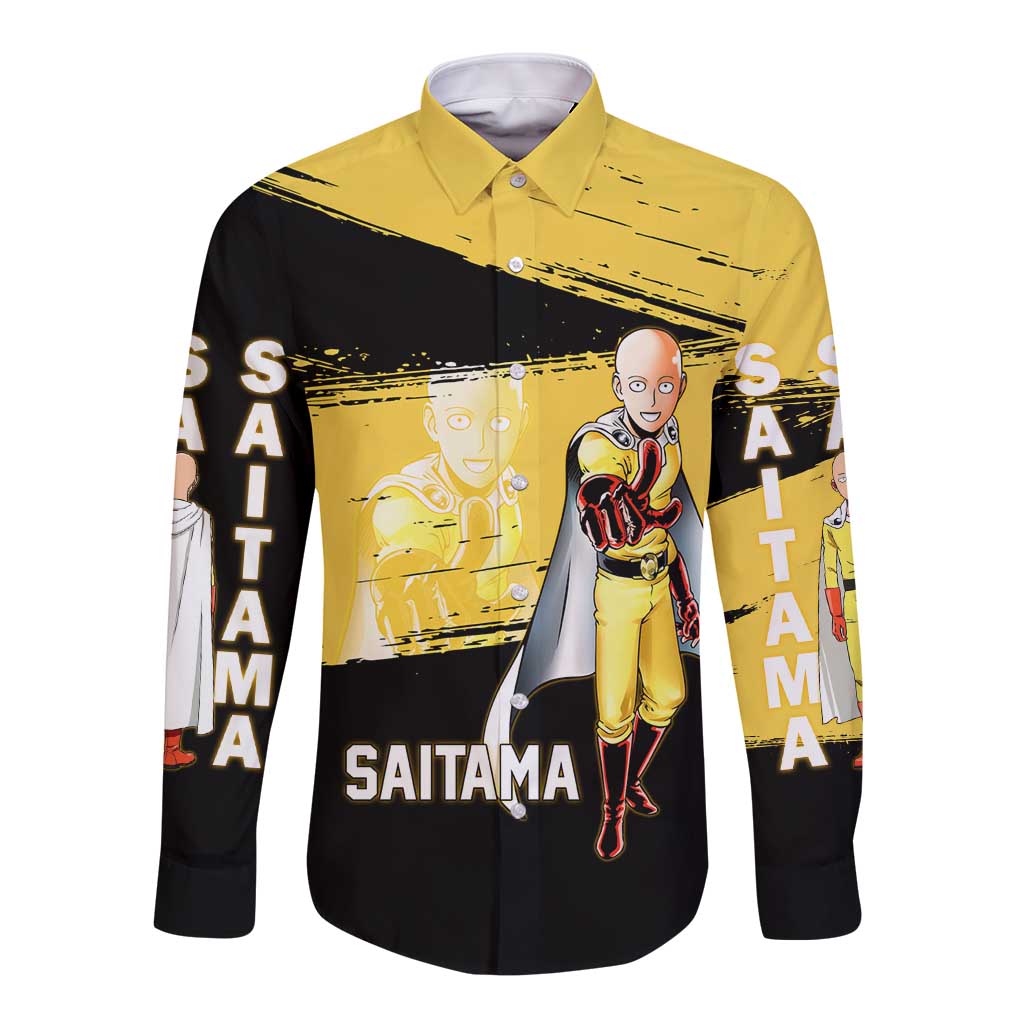Saitama One Punch Man Anime Yellow and Black Theme Long Sleeve Button Shirt with Heroic Pose and Dynamic Brushstroke Background - The Mazicc