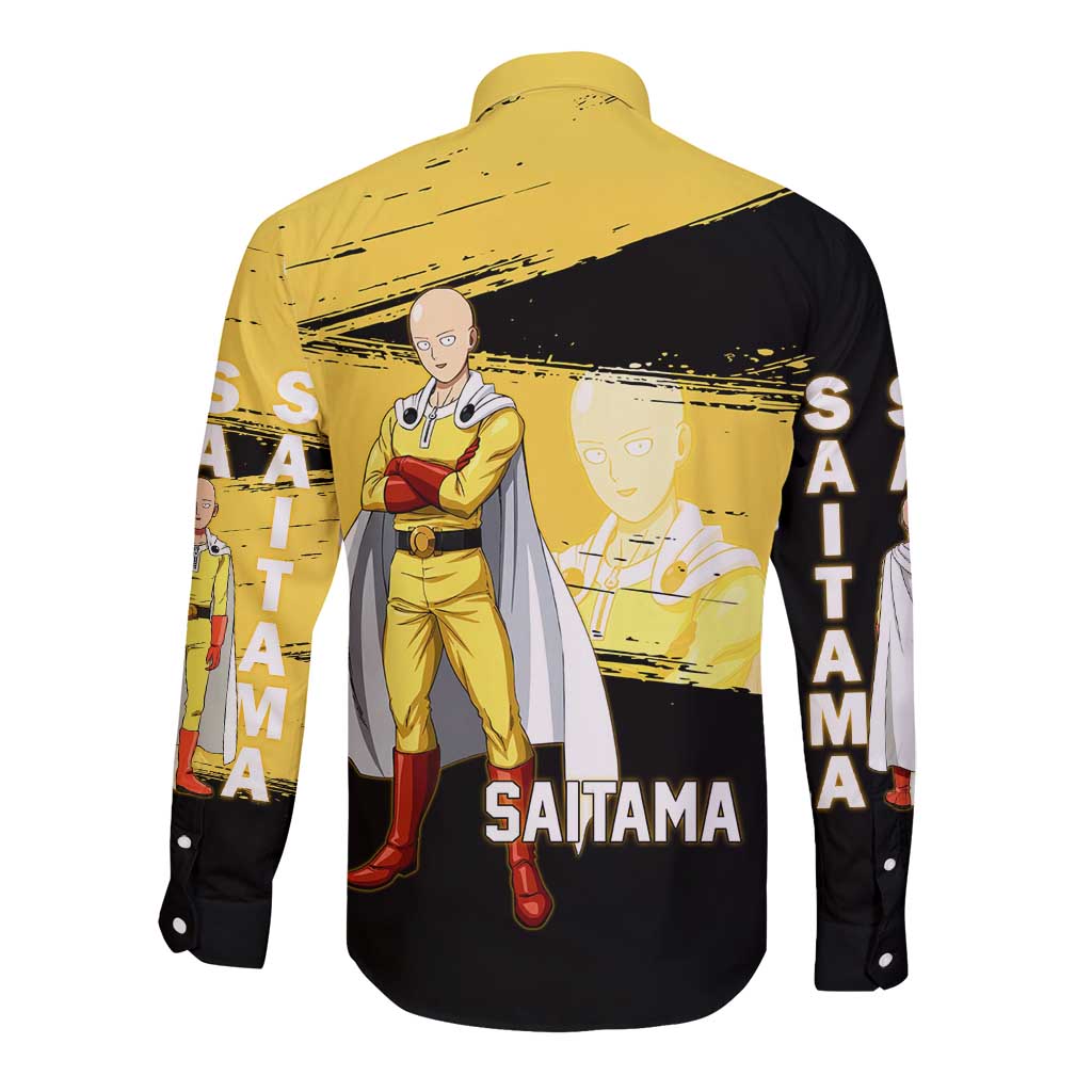 Saitama One Punch Man Anime Yellow and Black Theme Long Sleeve Button Shirt with Heroic Pose and Dynamic Brushstroke Background - The Mazicc