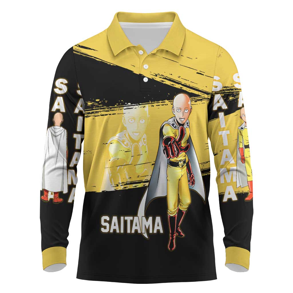 Saitama One Punch Man Anime Yellow and Black Theme Long Sleeve Polo Shirt with Heroic Pose and Dynamic Brushstroke Background - The Mazicc
