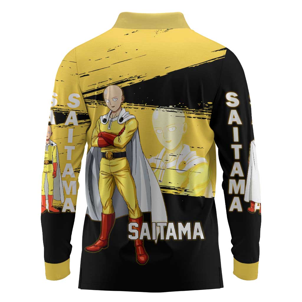 Saitama One Punch Man Anime Yellow and Black Theme Long Sleeve Polo Shirt with Heroic Pose and Dynamic Brushstroke Background - The Mazicc