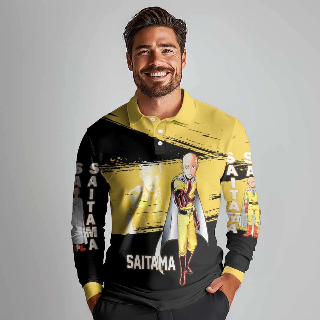 Saitama One Punch Man Anime Yellow and Black Theme Long Sleeve Polo Shirt with Heroic Pose and Dynamic Brushstroke Background - The Mazicc