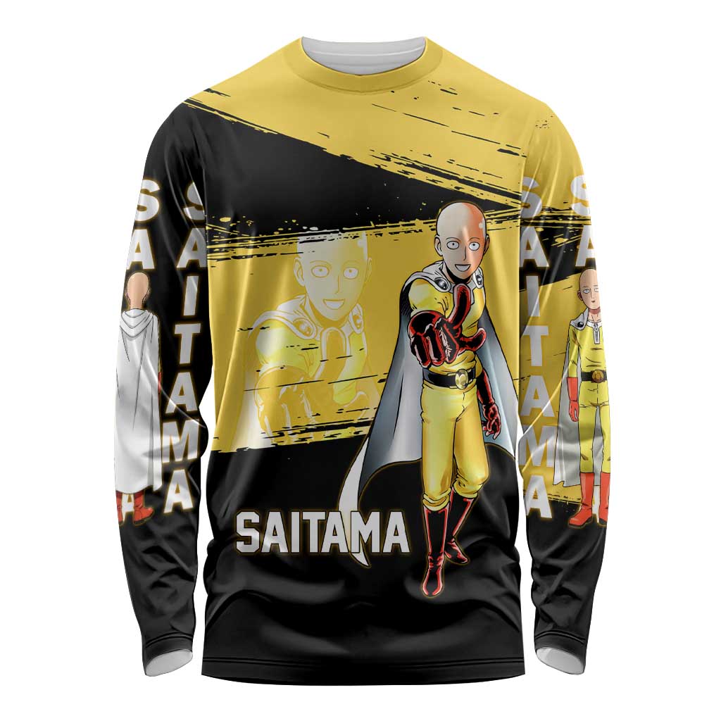 Saitama One Punch Man Anime Yellow and Black Theme Long Sleeve Shirt with Heroic Pose and Dynamic Brushstroke Background - The Mazicc