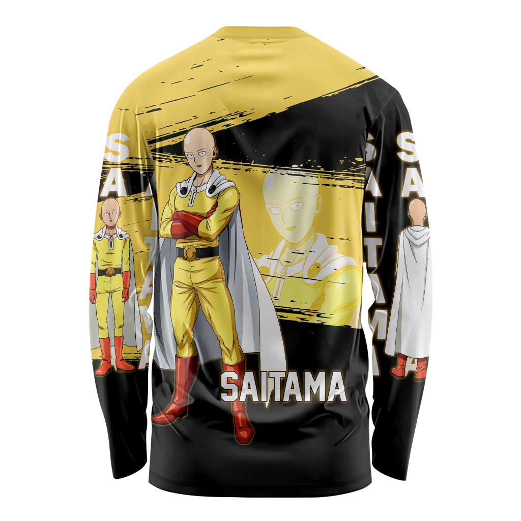 Saitama One Punch Man Anime Yellow and Black Theme Long Sleeve Shirt with Heroic Pose and Dynamic Brushstroke Background - The Mazicc