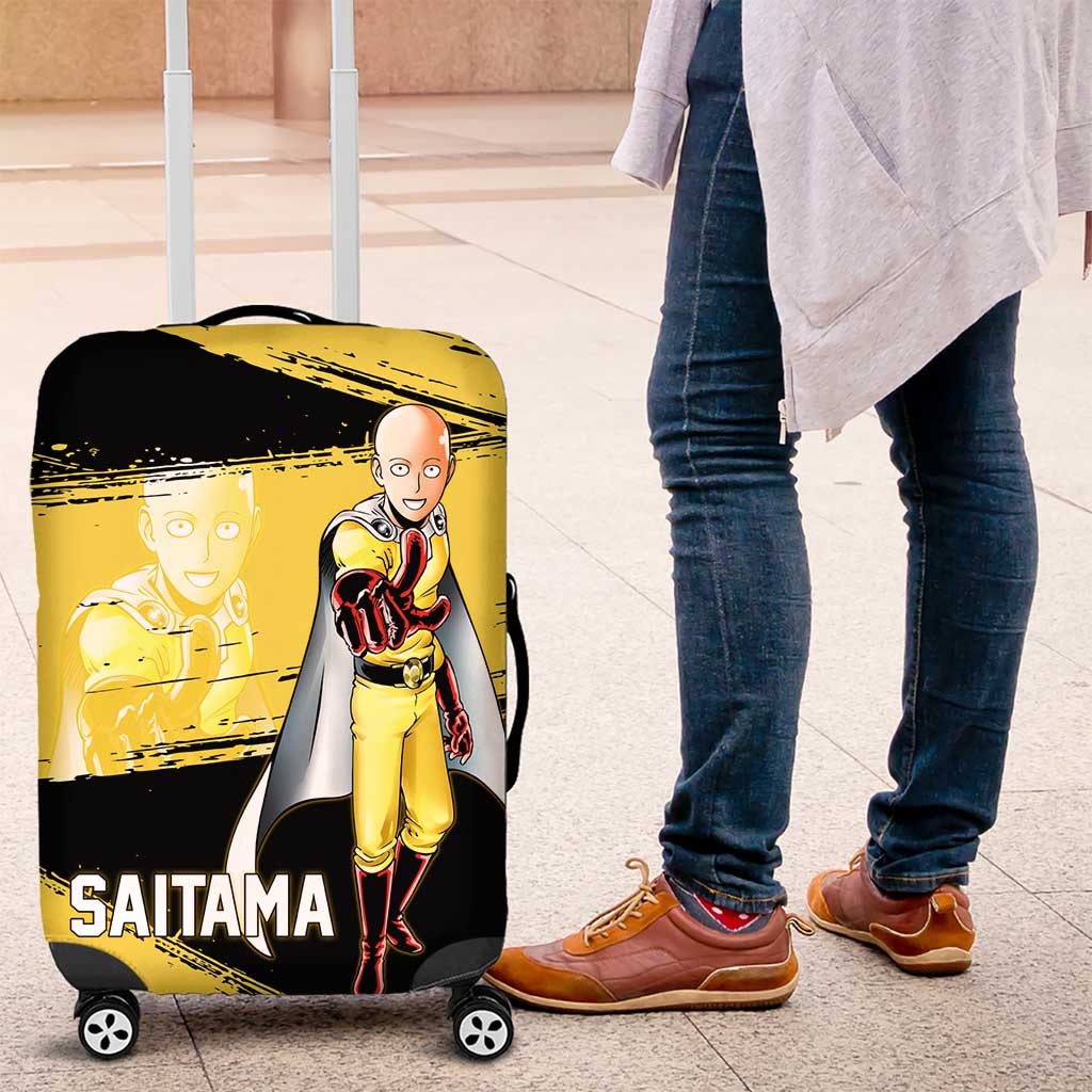 Saitama One Punch Man Anime Yellow and Black Theme Luggage Cover with Heroic Pose and Dynamic Brushstroke Background - The Mazicc