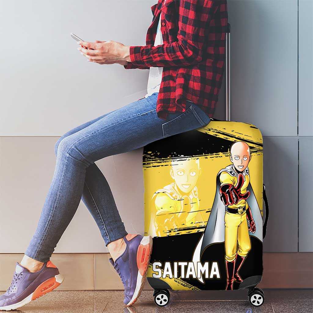 Saitama One Punch Man Anime Yellow and Black Theme Luggage Cover with Heroic Pose and Dynamic Brushstroke Background - The Mazicc