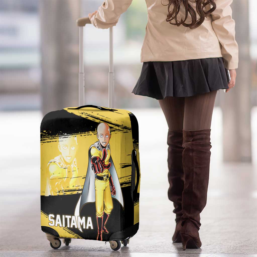Saitama One Punch Man Anime Yellow and Black Theme Luggage Cover with Heroic Pose and Dynamic Brushstroke Background - The Mazicc