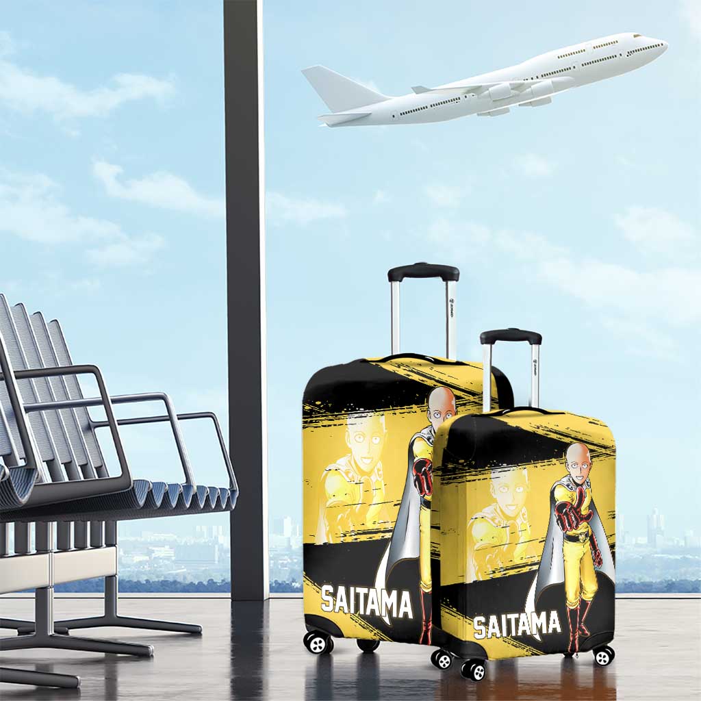 Saitama One Punch Man Anime Yellow and Black Theme Luggage Cover with Heroic Pose and Dynamic Brushstroke Background - The Mazicc