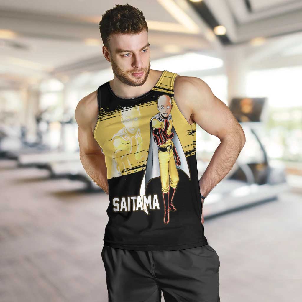 Saitama One Punch Man Anime Yellow and Black Theme Men Tank Top with Heroic Pose and Dynamic Brushstroke Background - The Mazicc
