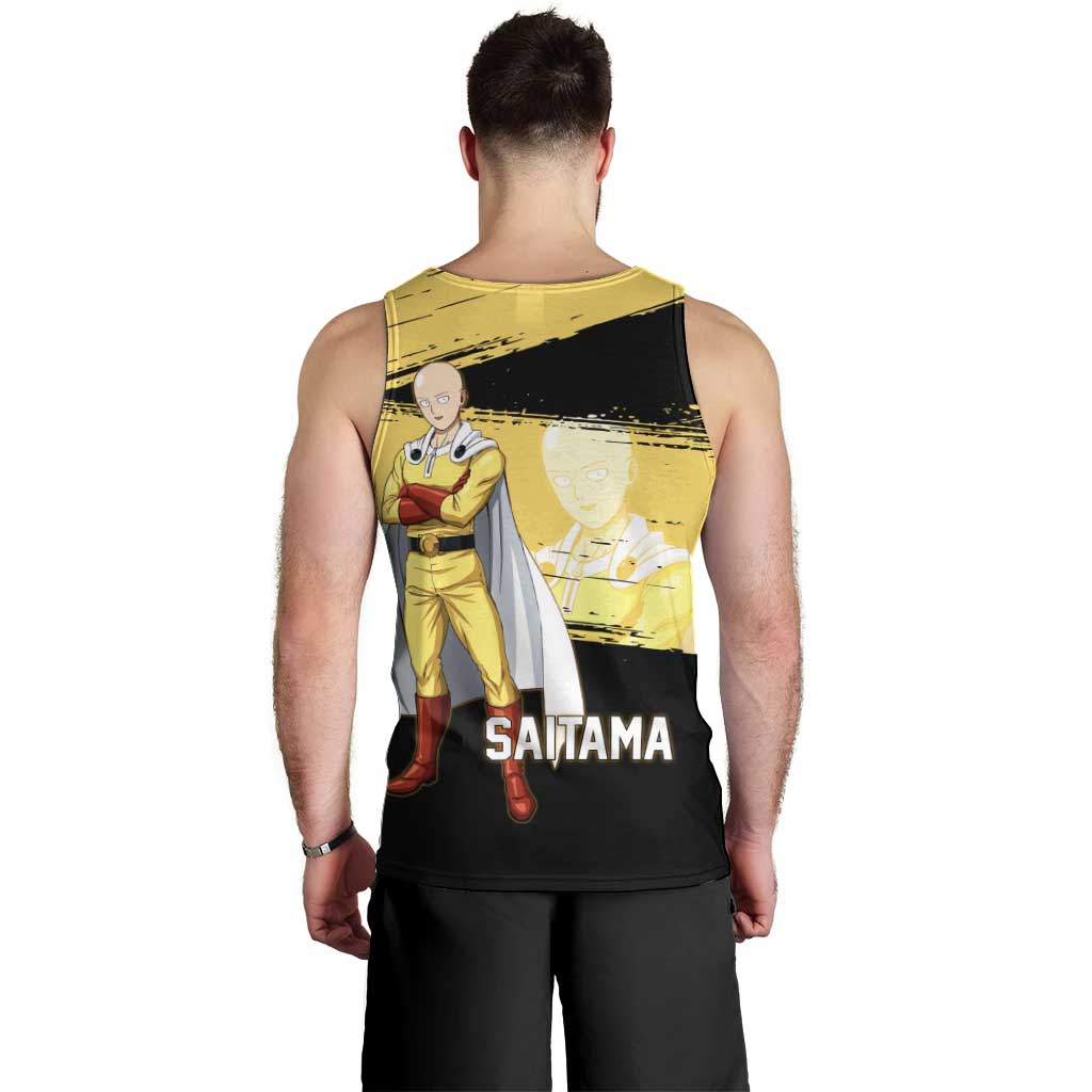 Saitama One Punch Man Anime Yellow and Black Theme Men Tank Top with Heroic Pose and Dynamic Brushstroke Background - The Mazicc