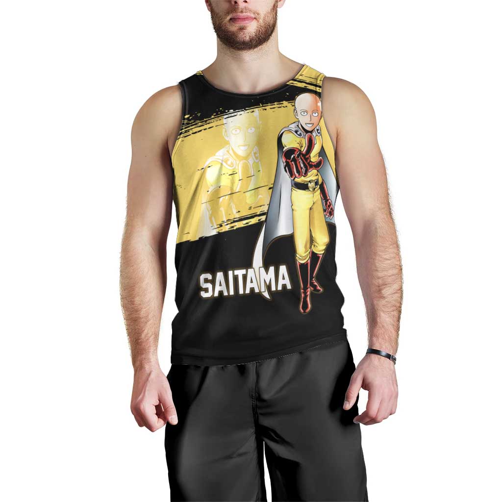 Saitama One Punch Man Anime Yellow and Black Theme Men Tank Top with Heroic Pose and Dynamic Brushstroke Background - The Mazicc