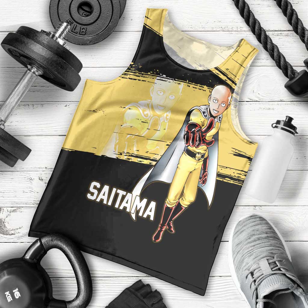 Saitama One Punch Man Anime Yellow and Black Theme Men Tank Top with Heroic Pose and Dynamic Brushstroke Background - The Mazicc