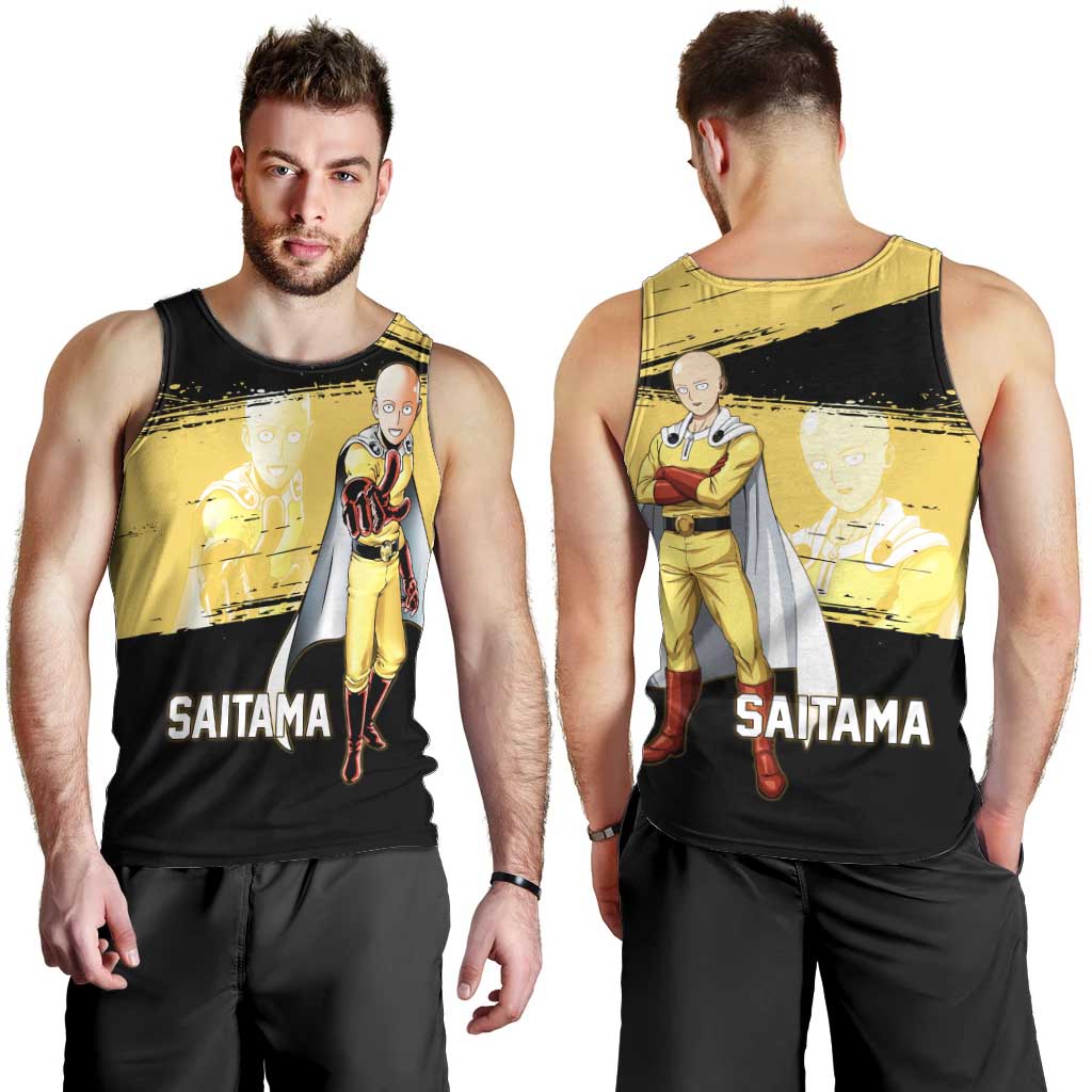Saitama One Punch Man Anime Yellow and Black Theme Men Tank Top with Heroic Pose and Dynamic Brushstroke Background - The Mazicc
