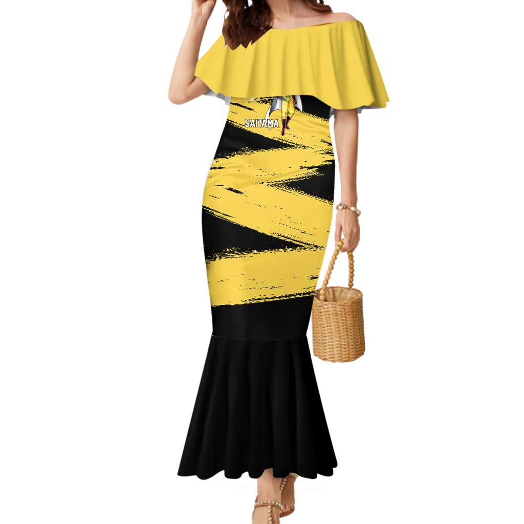 Saitama One Punch Man Anime Yellow and Black Theme Mermaid Dress with Heroic Pose and Dynamic Brushstroke Background - The Mazicc