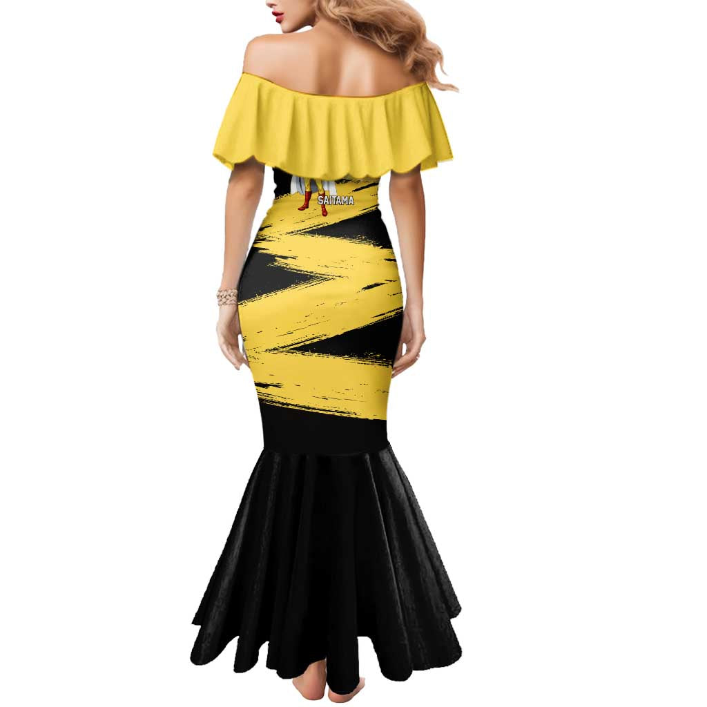 Saitama One Punch Man Anime Yellow and Black Theme Mermaid Dress with Heroic Pose and Dynamic Brushstroke Background - The Mazicc