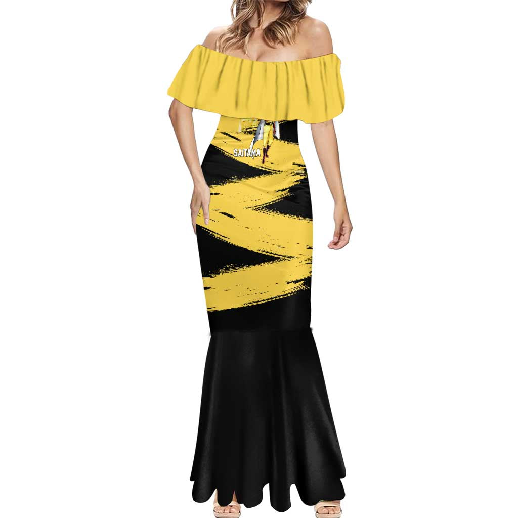 Saitama One Punch Man Anime Yellow and Black Theme Mermaid Dress with Heroic Pose and Dynamic Brushstroke Background - The Mazicc