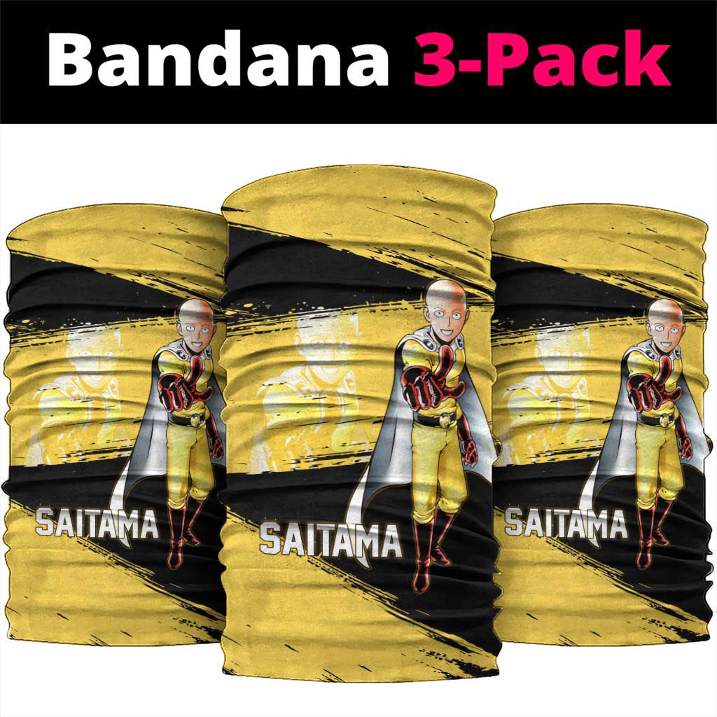 Saitama One Punch Man Anime Yellow and Black Theme Neck Gaiter with Heroic Pose and Dynamic Brushstroke Background - The Mazicc