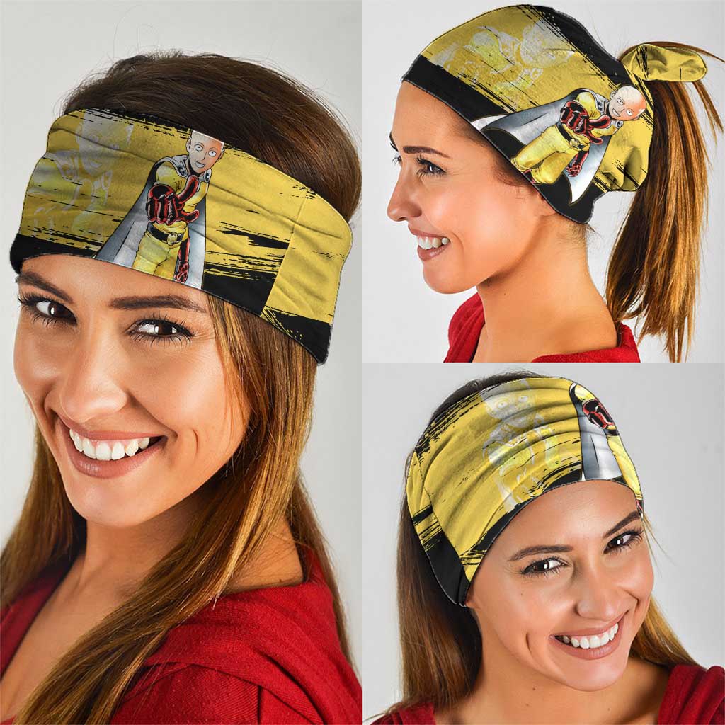 Saitama One Punch Man Anime Yellow and Black Theme Neck Gaiter with Heroic Pose and Dynamic Brushstroke Background - The Mazicc