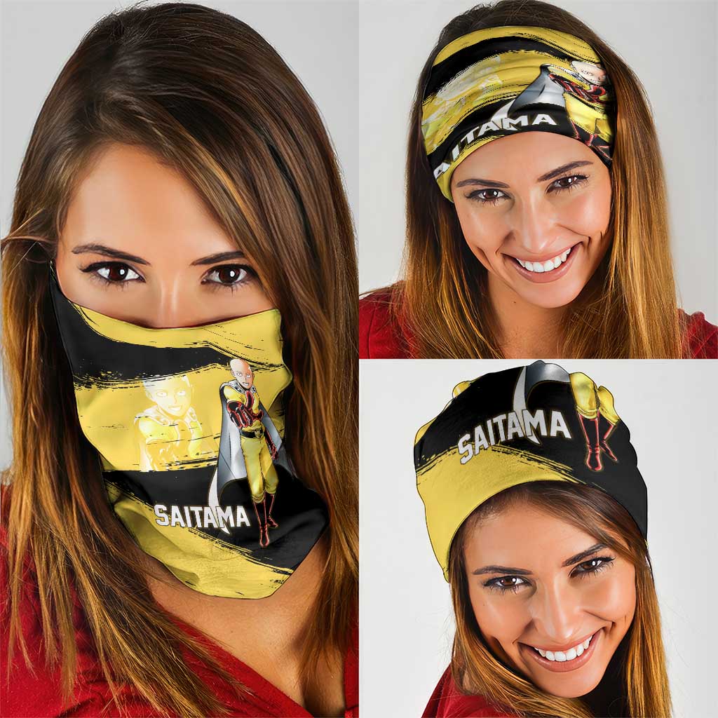 Saitama One Punch Man Anime Yellow and Black Theme Neck Gaiter with Heroic Pose and Dynamic Brushstroke Background - The Mazicc